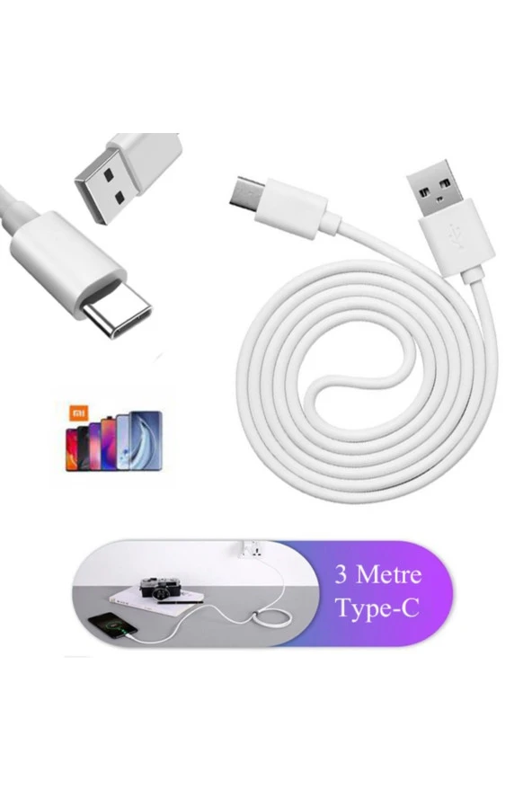 3 Metre Micro Typ-c Ligtning USB Şarj Kablosu. Tüm Android Ve İOS Cihazlara Uyumlu Şarj Kablosu