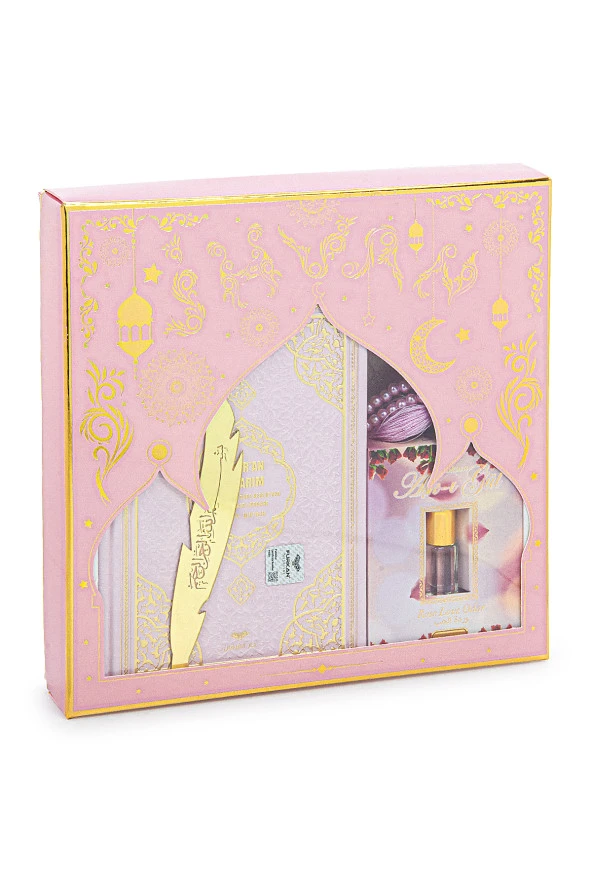 Almanca Mealli Medine Hatlı Kuranı Kerim ve Seccade Seti Pembe - Resim 3