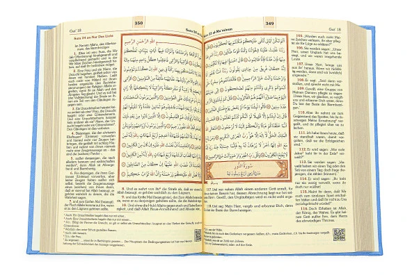 Almanca Mealli Medine Hatlı Kuranı Kerim ve Seccade Seti Mavi - Resim 12