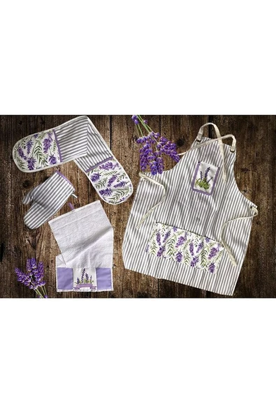 Lavanta Desen 4’lü Mutfak Seti ; Mutfak Önlüğü, Fırın Eldiveni, El Havlusu Ve Tutacak Takımı