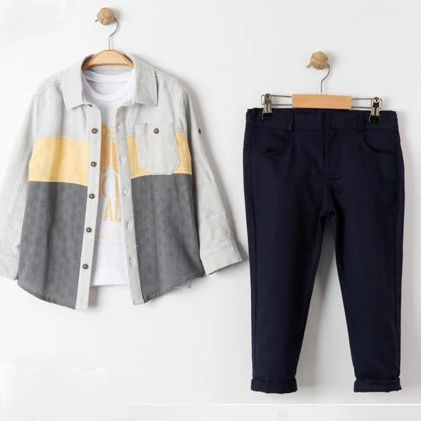 Cepli Gömlek , Pantolon , T-Shirt  3Parça Erkek Çocuk Takım MNK4016 ürün görseli 1