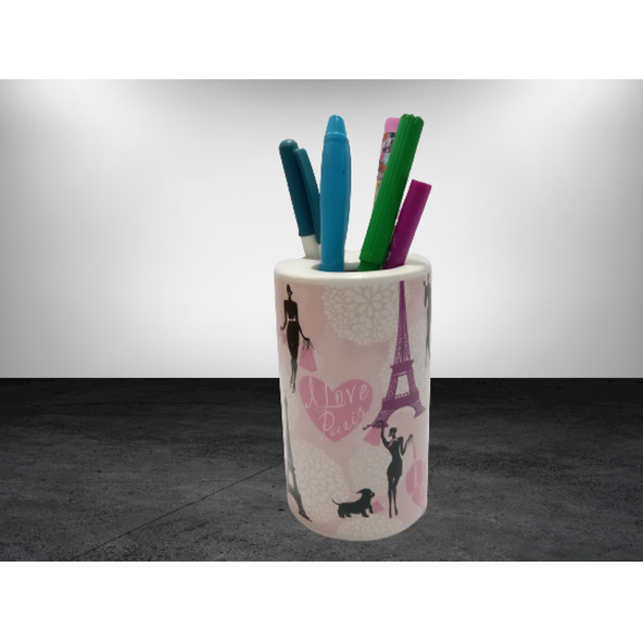 KALEMLİK KIZLI PARİS DESENLİ SERAMİK OFİS GERECİ 7X7X11CM - 2