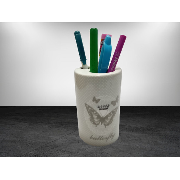 KALEMLİK KELEBEK DESENLİ SERAMİK OFİS GERECİ 7X7X11CM - 3