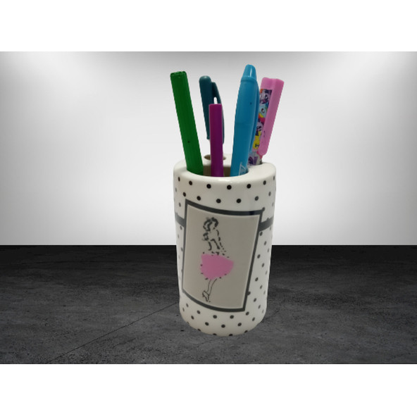 KALEMLİK PEMBE ELBİSELİ KADIN MODEL SERAMİK OFİS GERECİ  7X7X11CM - 2