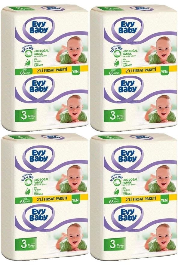 Evy Baby Bebek Bezi Beden:3 (5-9kg) Midi 272 Adet (4 Lü Set) (2 Li Fırsat Pk Serisi)