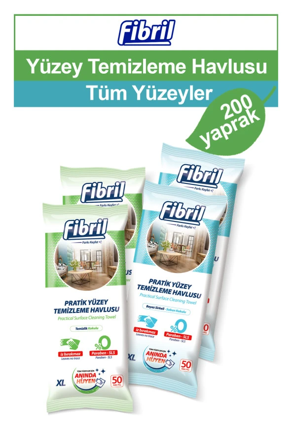Fibril Yüzey Temizlik Havlusu Beyaz Sirkeli Sabun ve Temizlik Kokulu 4 X 50 (Toplam 200 Yaprak)
