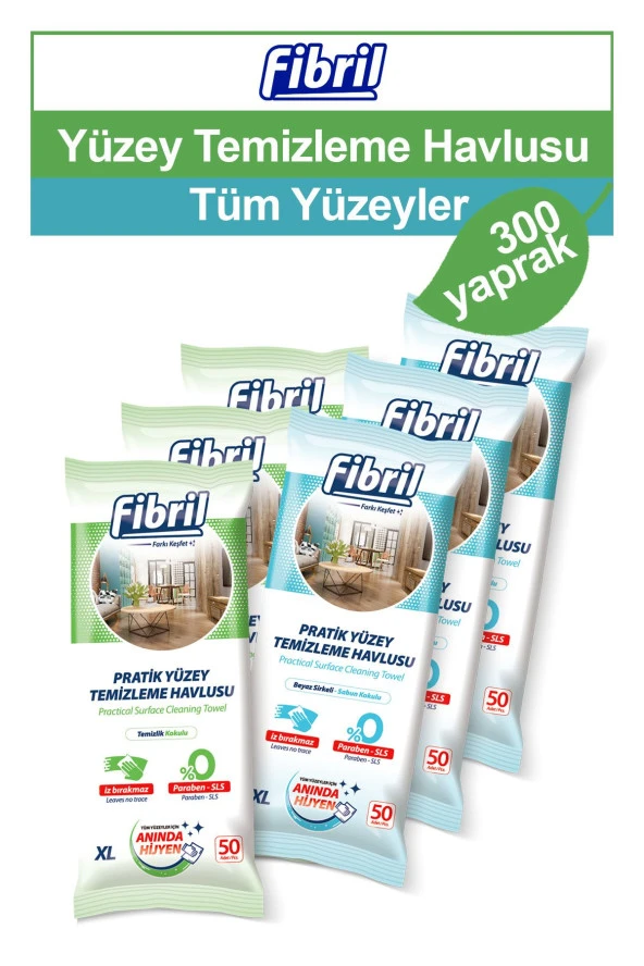 Fibril Yüzey Temizlik Havlusu Beyaz Sirkeli Sabun ve Temizlik Kokulu 6 X 50 (Toplam 300 Yaprak)