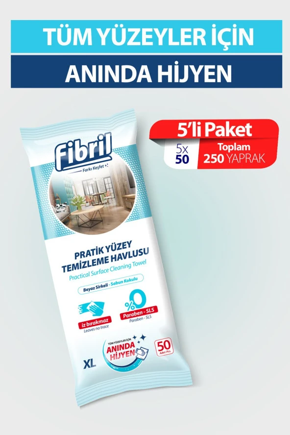 Fibril Pratik Yüzey Temizlik Havlusu Beyaz Sirkeli Sabun Kokulu 5 X 50 (TOPLAM 250 YAPRAK) - 2