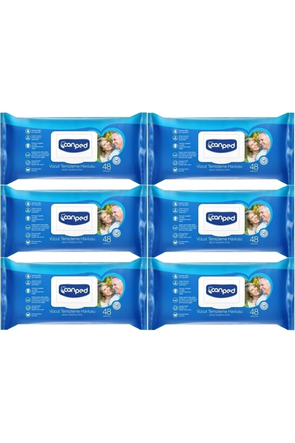 Canped Hasta Vücut Perine Temizleme Islak Mendil Havlu 48 Yaprak Xl (6 Lı Set) Plastik Kapaklı