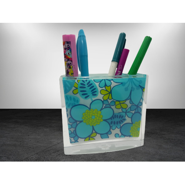 KALEMLİK MAVİ ÇİÇEKLİ AKRİLİK OFİS GERECİ  10X10X3CM - 2