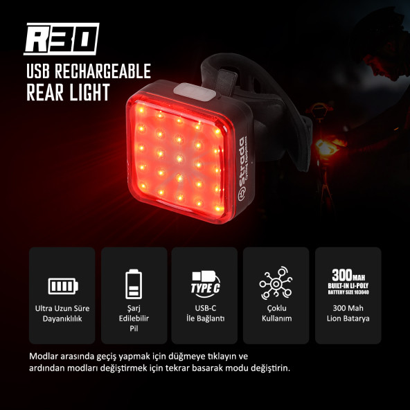 Strada R-30 300mah Şarj Edilebilir Lı-poly Bisiklet Arka Lambası - 2