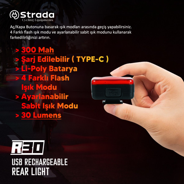 Strada R-30 300mah Şarj Edilebilir Lı-poly Bisiklet Arka Lambası - 3