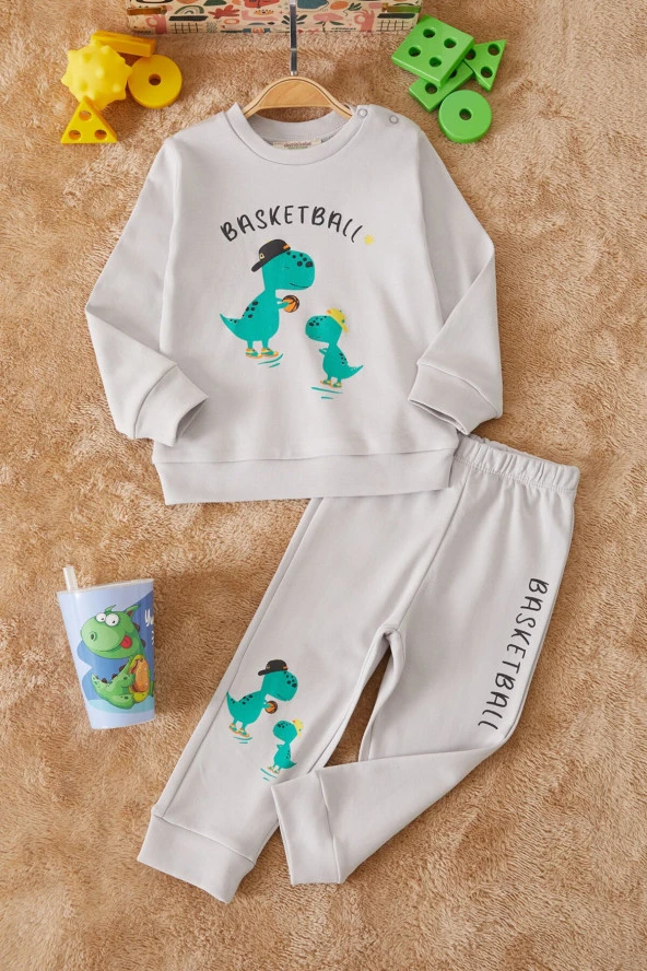 Füme Dinozor Baskılı Basketball Yazılı Erkek Bebek Takım 17539 - 2