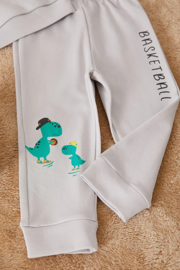 Füme Dinozor Baskılı Basketball Yazılı Erkek Bebek Takım 17539 - 5