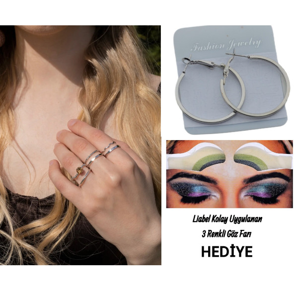 Gümüş Renk Takı Set3 (6'lı Eklem Yüzük Set,Yassı 35mm Paslanmaz Kararmaz Halka Küpe (ÇİFT) )