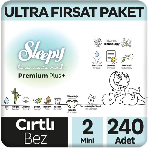 Sleepy Bio Natural Premium Plus Ultra Fırsat Paketi Bebek Bezi 2 Numara Mini 240 Adet