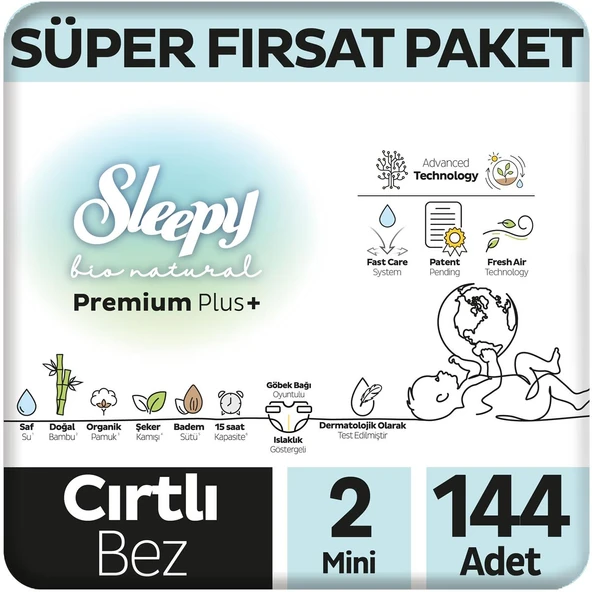 Sleepy Bio Natural Premium Plus Süper Fırsat Paketi Bebek Bezi 2 Numara Mini 144 Adet