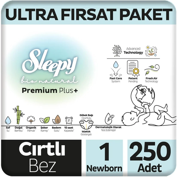 Sleepy Bio Natural Premium Plus Ultra Fırsat Paketi Bebek Bezi 1 Numara Newborn 250 Adet