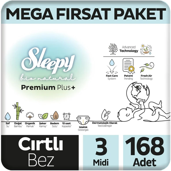 Sleepy Bio Natural Premium Plus Mega Fırsat Paketi Bebek Bezi 3 Numara Midi 168 Adet