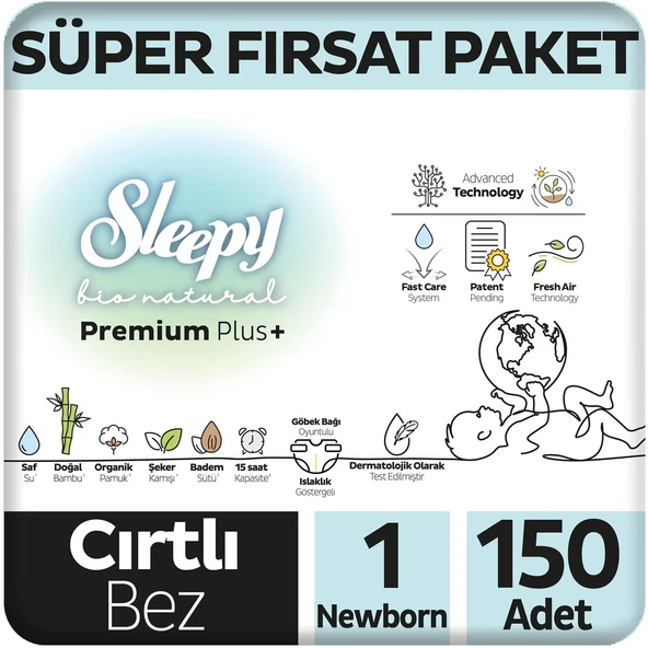 Sleepy Bio Natural Premium Plus Süper Fırsat Paketi Bebek Bezi 1 Numara Newborn 150 Adet