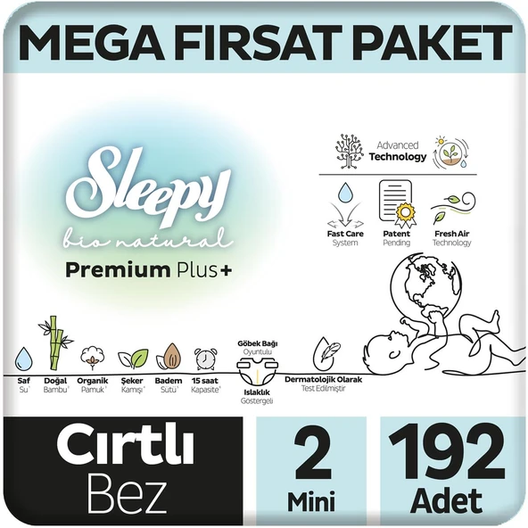 Sleepy Bio Natural Premium Plus Mega Fırsat Paketi Bebek Bezi 2 Numara Mini 192 Adet