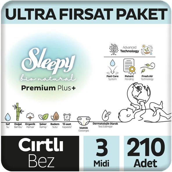 Sleepy Bio Natural Premium Plus Ultra Fırsat Paketi Bebek Bezi 3 Numara Midi 210 Adet