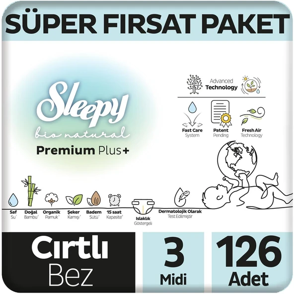 Sleepy Bio Natural Premium Plus Süper Fırsat Paketi Bebek Bezi 3 Numara Midi 126 Adet