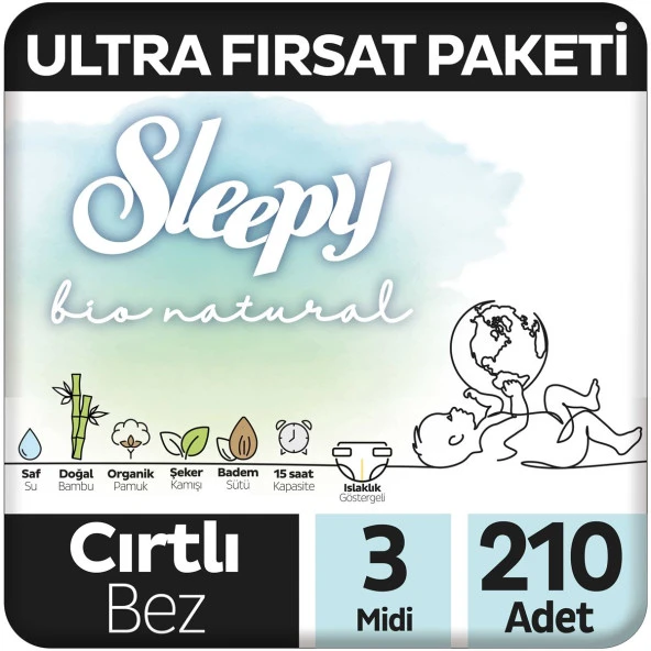 Sleepy Bio Natural Ultra Fırsat Paketi Bebek Bezi 3 Numara Midi 210 Adet