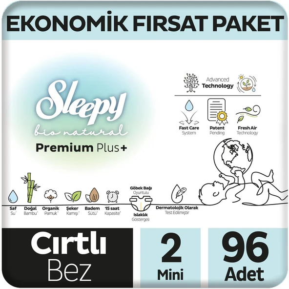Sleepy Bio Natural Premium Plus Ekonomik Fırsat Paketi Bebek Bezi 2 Numara Mini 96 Adet