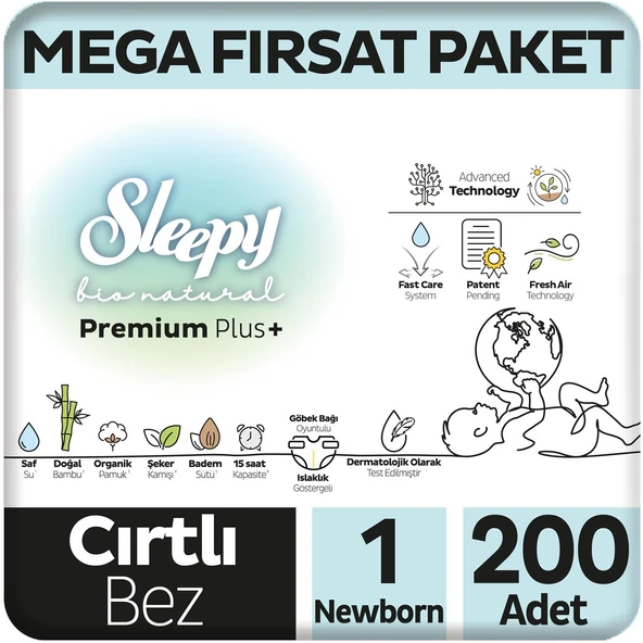 Sleepy Bio Natural Premium Plus Mega Fırsat Paketi Bebek Bezi 1 Numara Newborn 200 Adet
