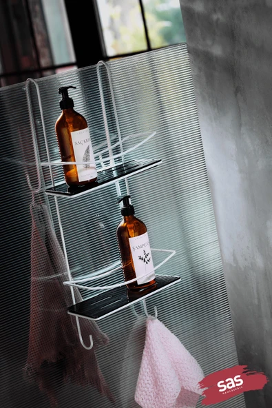 Sas Haus Yapışkanlı Ömür Boyu Paslanmaz Kristal Raf Banyo Düzenleyici Şampuanlık BEYAZ-SİYAH DŞBS ürün görseli 1