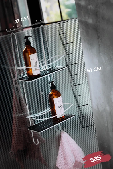 Sas Haus Yapışkanlı Ömür Boyu Paslanmaz Kristal Raf Banyo Düzenleyici Şampuanlık BEYAZ-SİYAH DŞBS - Resim 3