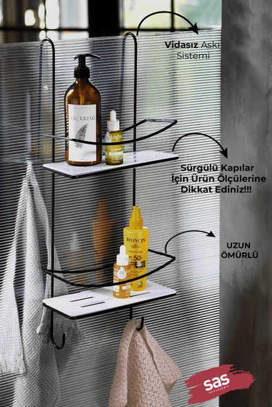 Sas Haus Yapışkanlı Ömür Boyu Paslanmaz Kristal Raf Banyo Düzenleyici Şampuanlık SİYAH-BEYAZ DŞKSB - Resim 2