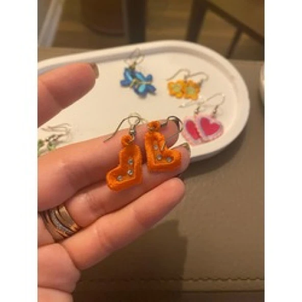 Taşlı Turuncu Kalp Küpe - 2