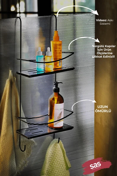 Sas Haus Yapışkanlı Ömür Boyu Paslanmaz Kristal Raf Banyo Düzenleyici Şampuanlık SİYAH DŞKSS - Resim 2
