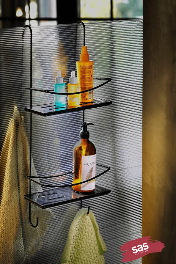 Sas Haus Yapışkanlı Ömür Boyu Paslanmaz Kristal Raf Banyo Düzenleyici Şampuanlık SİYAH DŞKSS