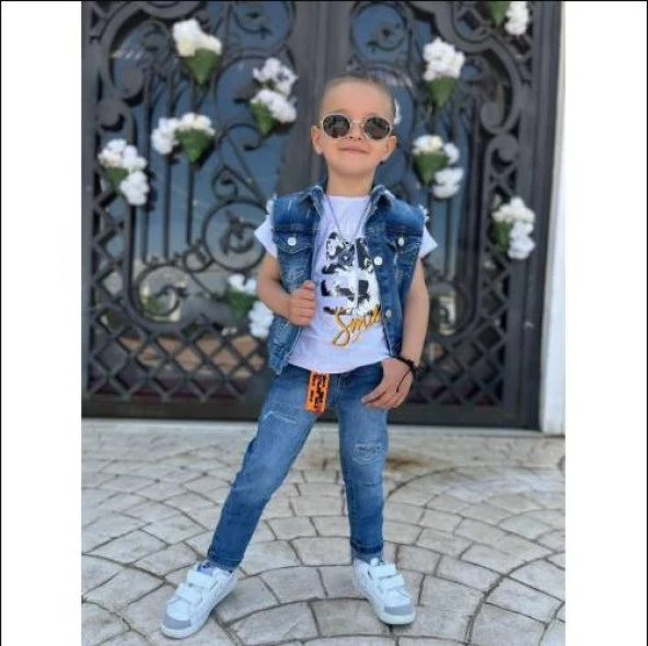 Uğur Böceği Çocuk Kurt Desenli Kot Yelekli Pantolon Tshirt Üçlü Erkek Takım 2-12 Yaş