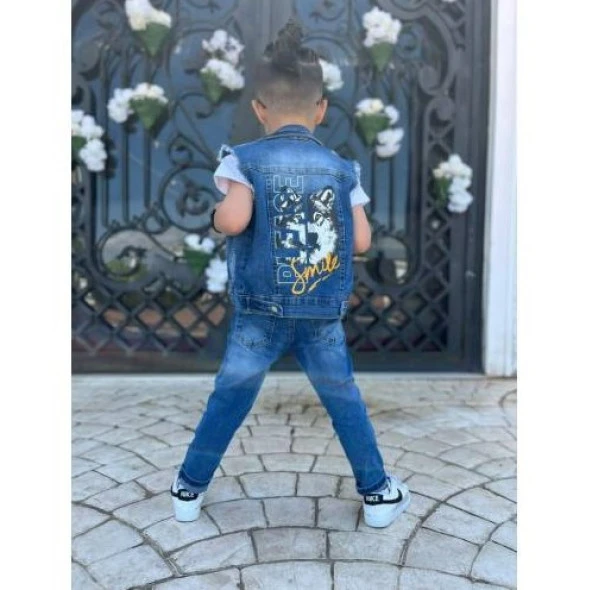 Uğur Böceği Çocuk Kurt Desenli Kot Yelekli Pantolon Tshirt Üçlü Erkek Takım 2-12 Yaş - 4