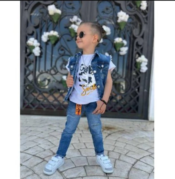 Uğur Böceği Çocuk Kurt Desenli Kot Yelekli Pantolon Tshirt Üçlü Erkek Takım 2-12 Yaş - 5