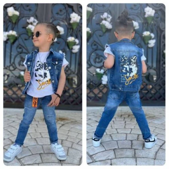 Uğur Böceği Çocuk Kurt Desenli Kot Yelekli Pantolon Tshirt Üçlü Erkek Takım 2-12 Yaş - 9