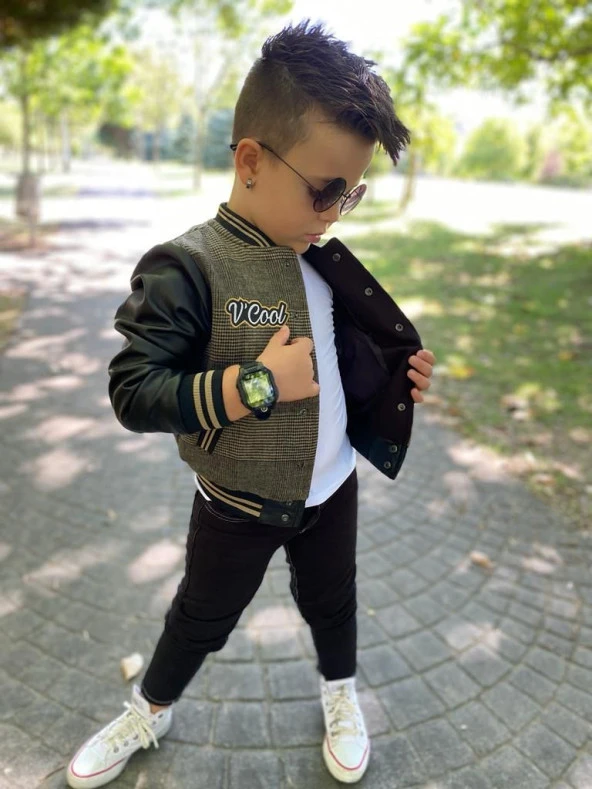 uğurböceğiçocuk Çıtçıt Düğmeli Deri Detay Kolej Mont 2'li Erkek Takım - 12
