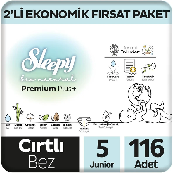 Sleepy Bio Natural Premium Plus 2'li Ekonomik Fırsat Paketi Bebek Bezi 5 Numara Junior 116 Adet
