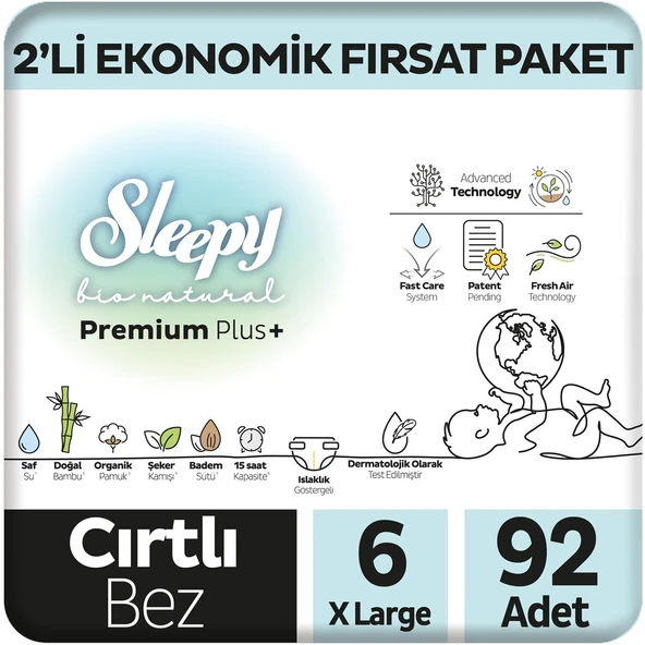 Sleepy Bio Natural Premium Plus 2'li Ekonomik Fırsat Paketi Bebek Bezi 6 Numara Xlarge 92 Adet