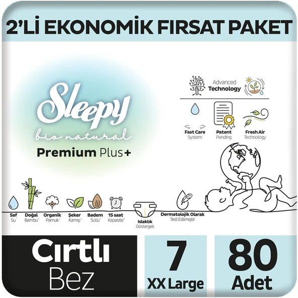 Sleepy Bio Natural Premium Plus 2'li Ekonomik Fırsat Paketi Bebek Bezi 7 Numara Xxlarge 80 Adet