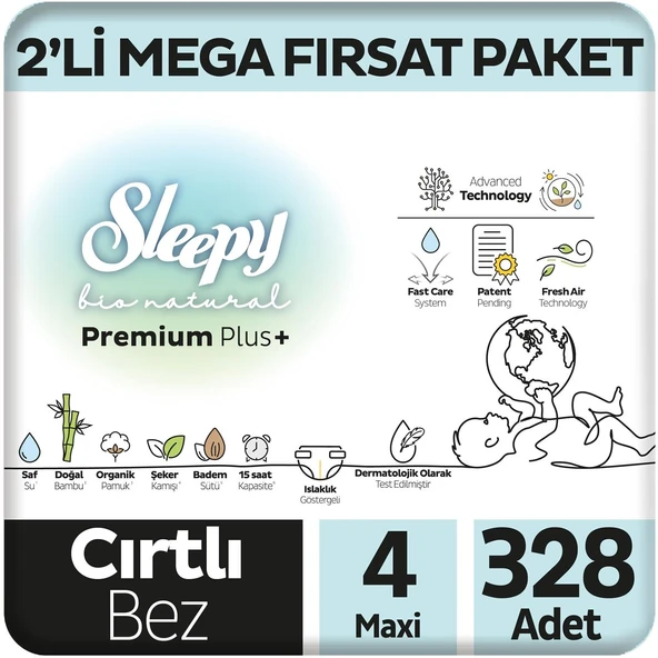 Sleepy Bio Natural Premium Plus 2'li Mega Fırsat Paketi Bebek Bezi 4 Numara Maxi 328 Adet