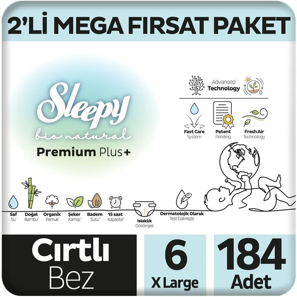 Sleepy Bio Natural Premium Plus 2'li Mega Fırsat Paketi Bebek Bezi 6 Numara Xlarge 184 Adet