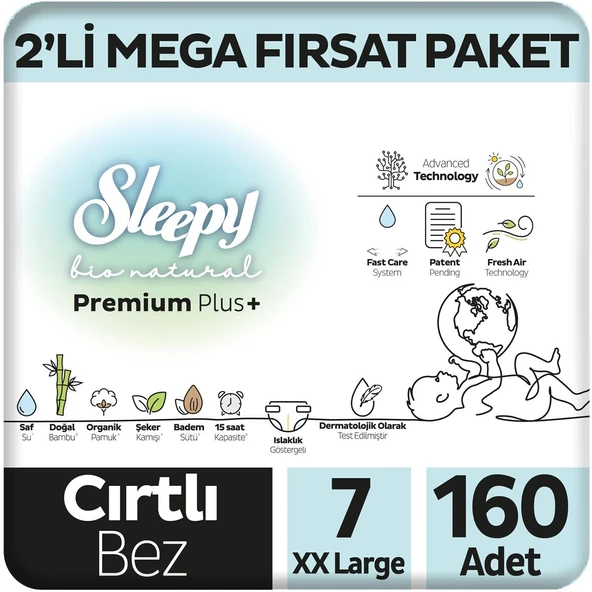 Sleepy Bio Natural Premium Plus 2'li Mega Fırsat Paketi Bebek Bezi 7 Numara Xxlarge 160 Adet