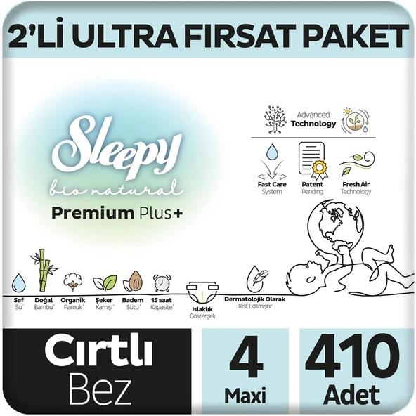 Sleepy Bio Natural Premium Plus 2'li Ultra Fırsat Paketi Bebek Bezi 4 Numara Maxi 410 Adet