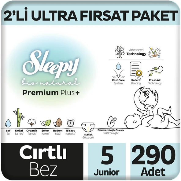 Sleepy Bio Natural Premium Plus 2'li Ultra Fırsat Paketi Bebek Bezi 5 Numara Junior 290 Adet