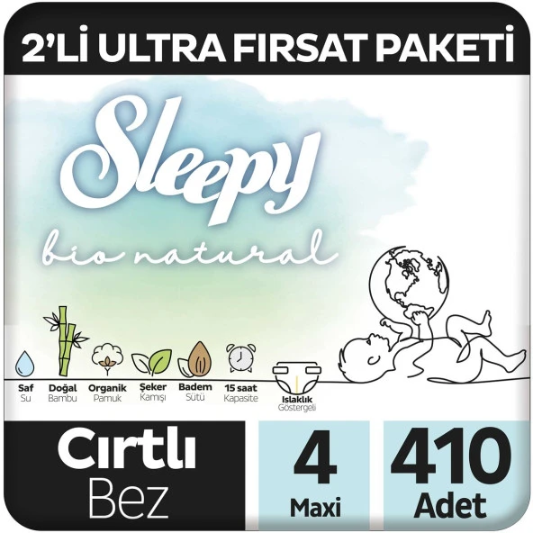 Sleepy Bio Natural 2'li Ultra Fırsat Paketi Bebek Bezi 4 Numara Maxi 410 Adet